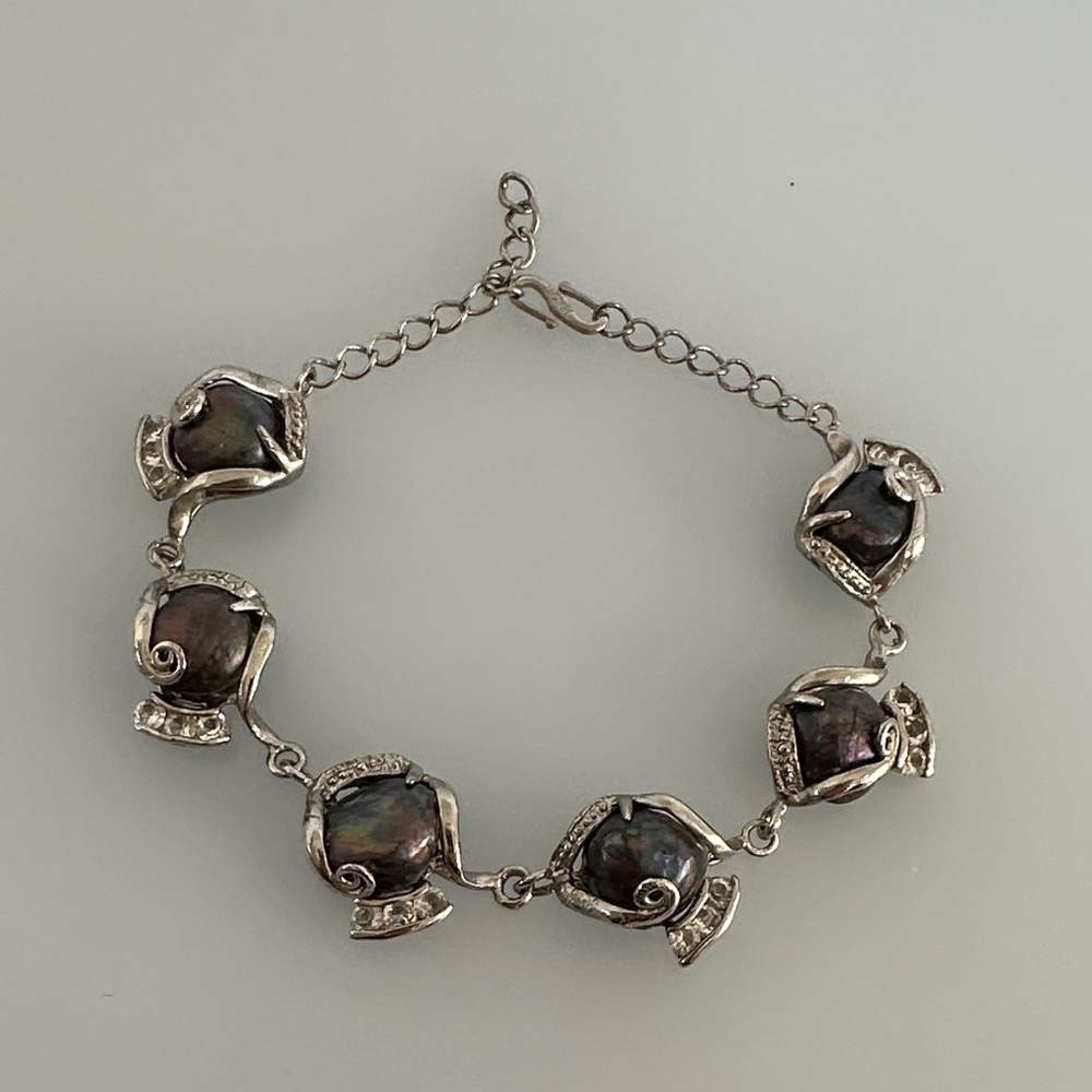 18k Gold Silver and Black Pearls Bracelet